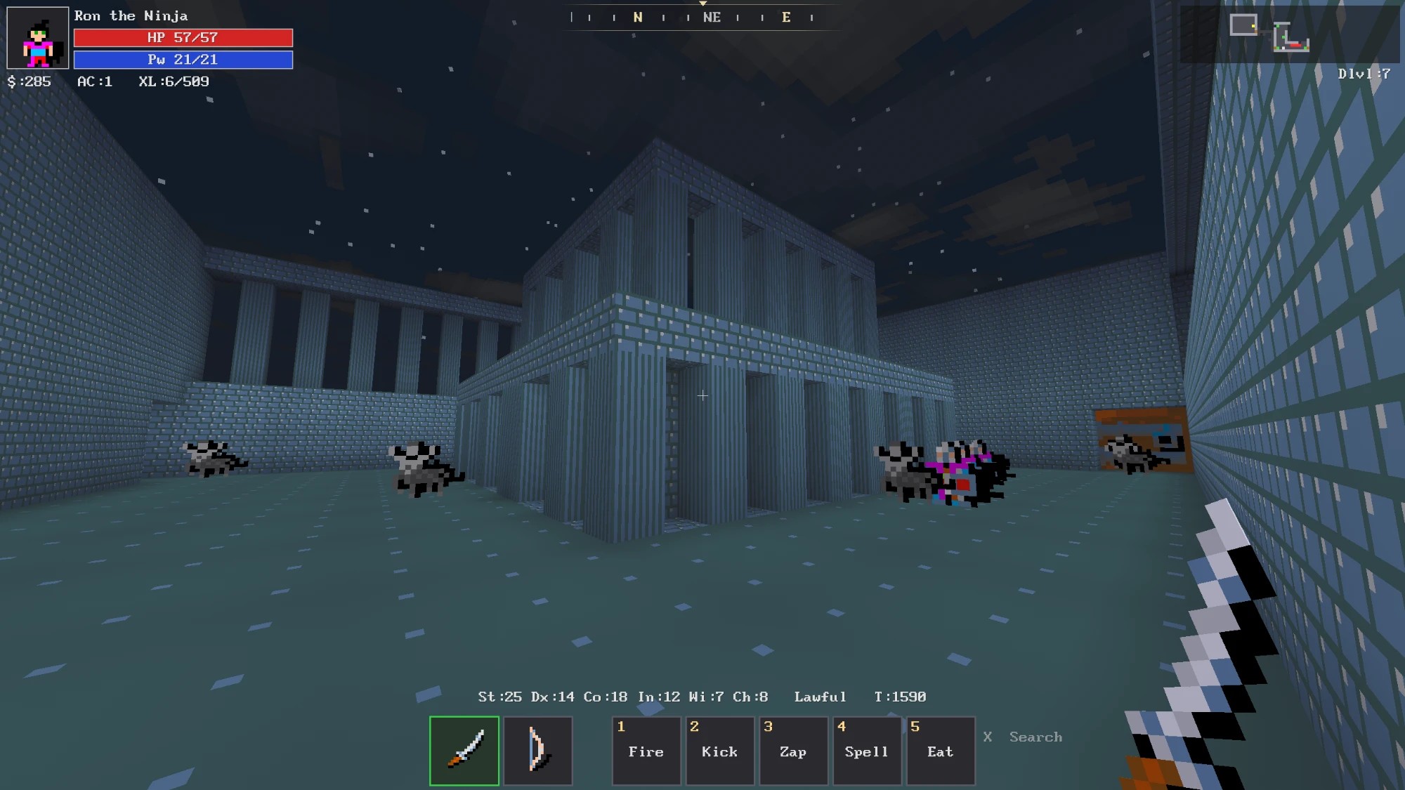 A pillared hall on dungeon level 7, seen in first person, with monsters closing in