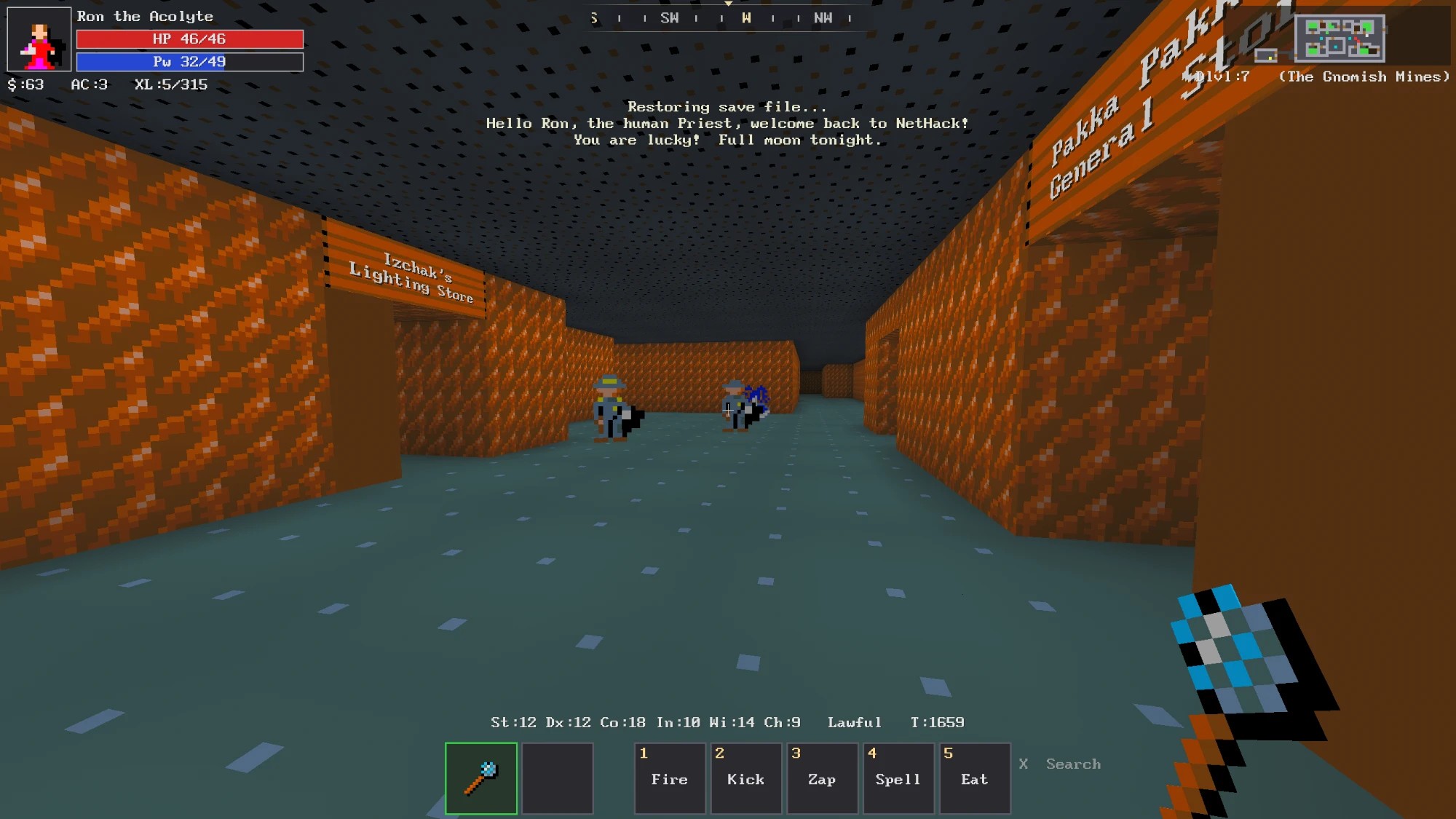 Minetown in the Gnomish Mines: two watchmen on patrol between Izchak's Lighting Store and a general store